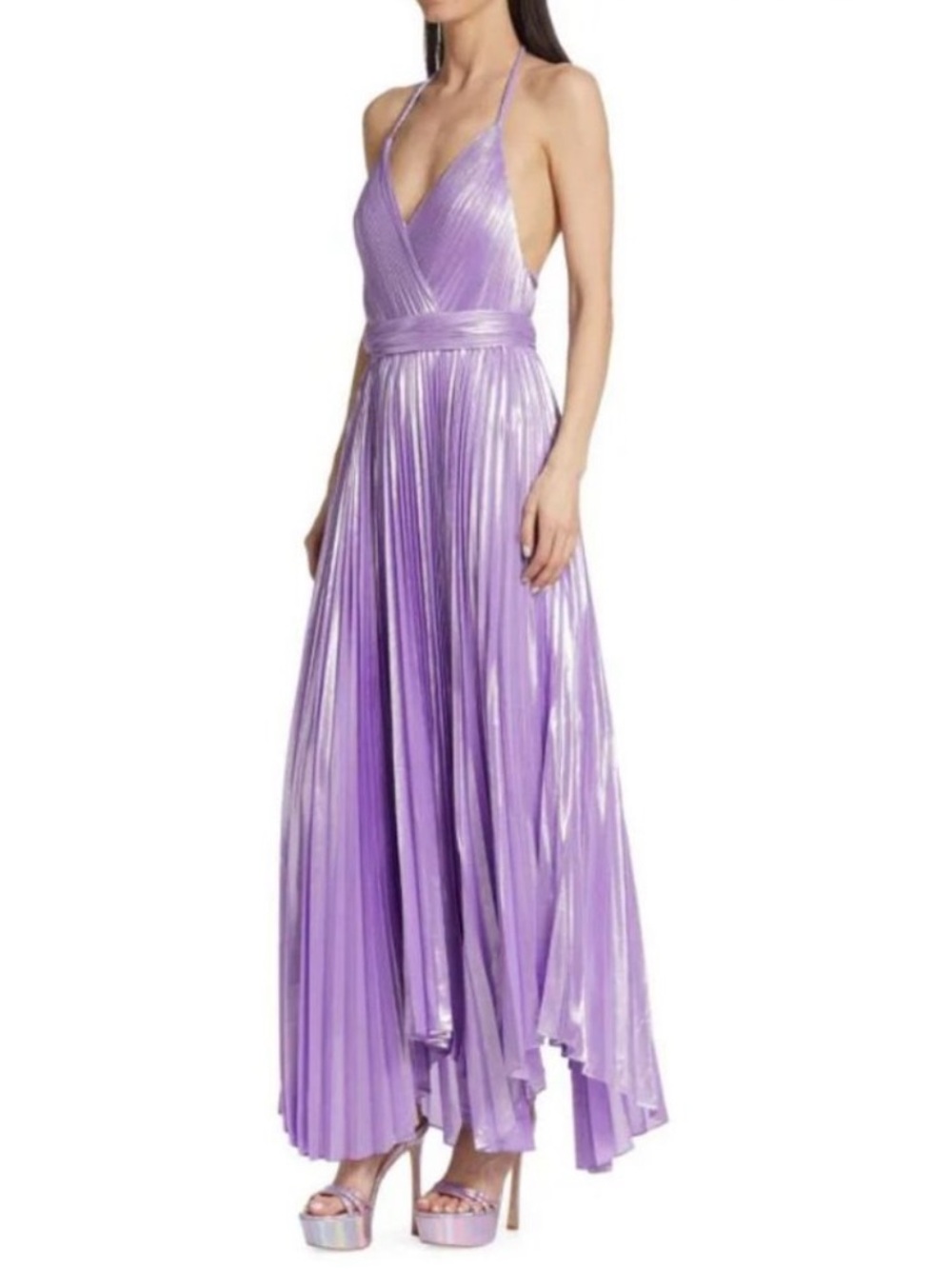 Alice + Olivia Metallic Arista Lavender Pleated Halter Maxi Dress